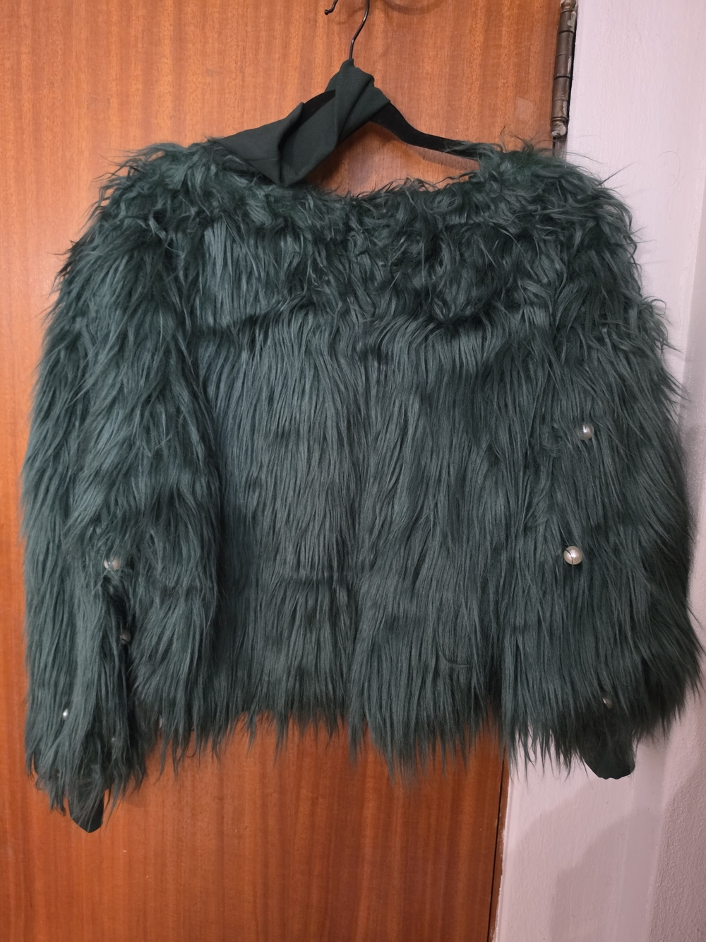 SHEIN Dark Green Faux Fur Teddy Jacket with Pearl Buttons